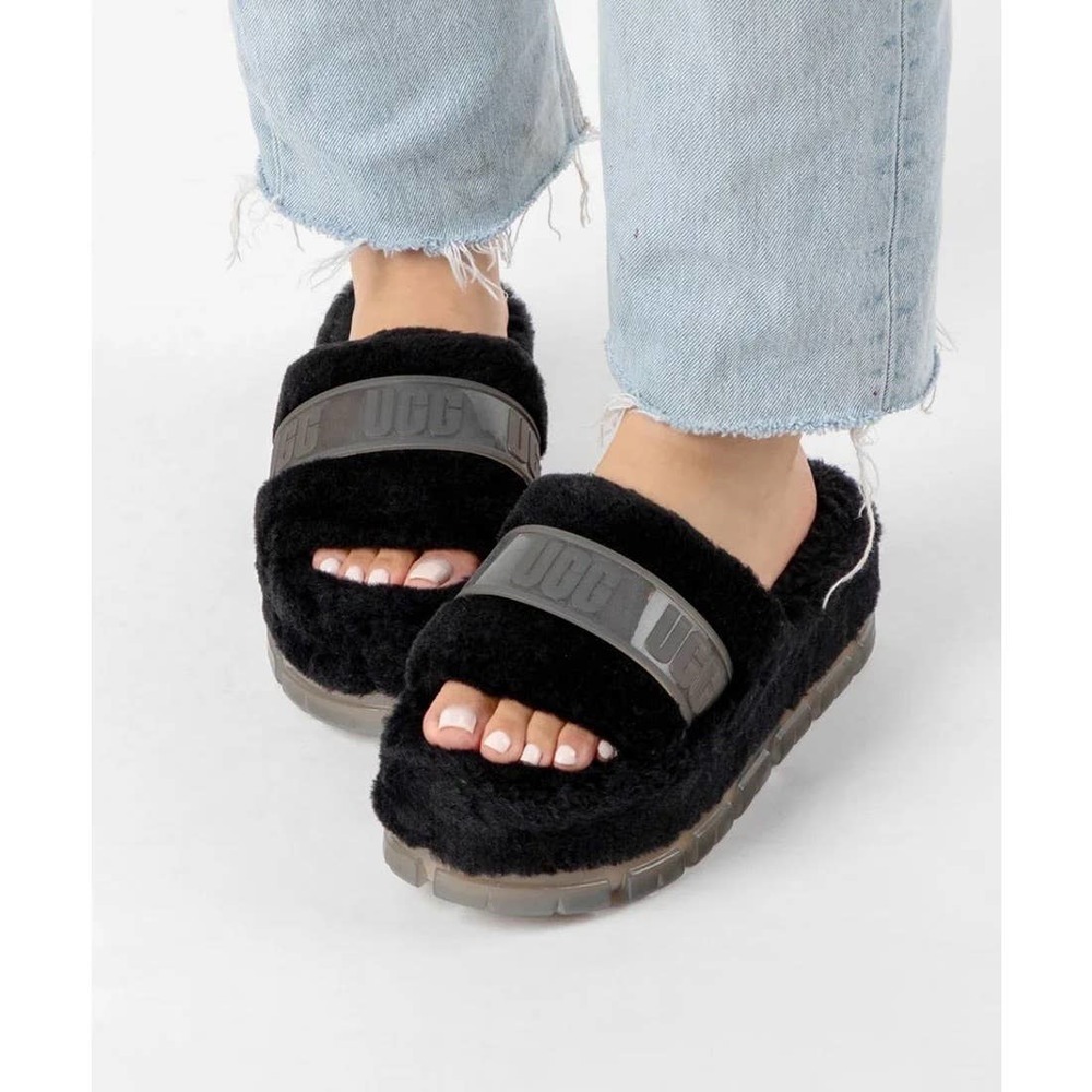 NIB UGG Australia Fluffita 9 40 Black Clear Platform Slide Slipper Sandals